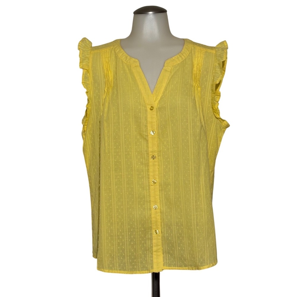Kathy‎ Ireland Sleeveless Top Womens L Yellow Swiss Dot Ruffle Cotton NWOT Airy